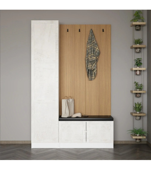 Mueble Recibidor Colgante con Cajon y Espejo en Blanco y Roble 95 x 19 x 26  cm