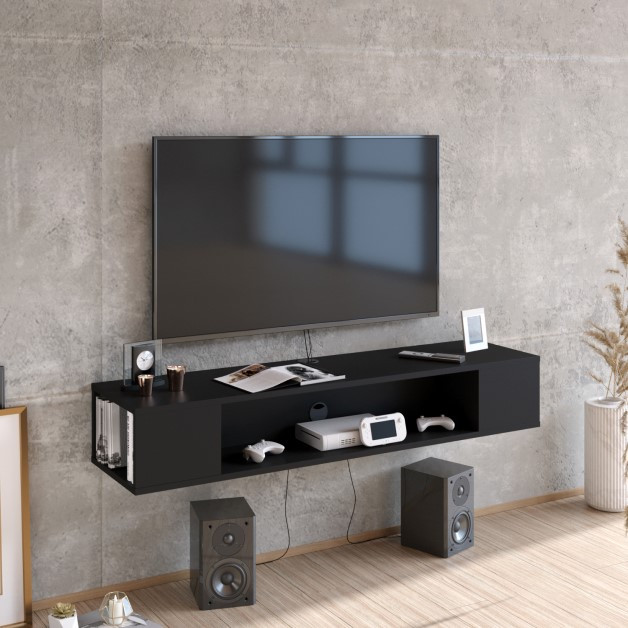 Mueble de TV suspendido en metal negro y cristal Made in Italy