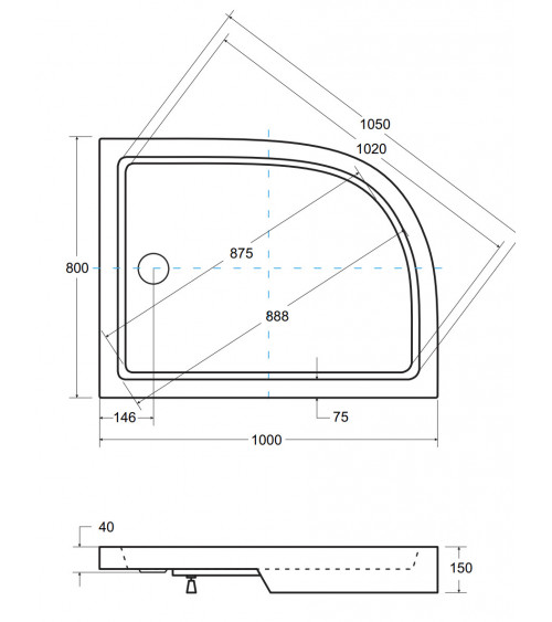 Plato de ducha SATURN asimétrico ángulo izquierdo 100x80 cm et 120x90 cm blanco