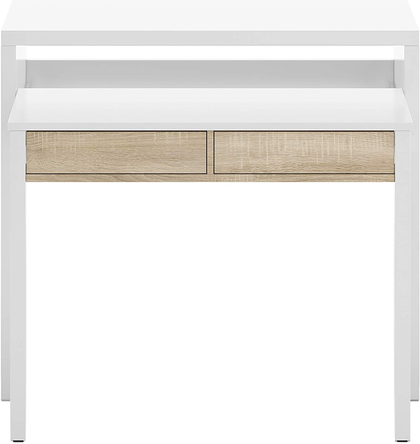 Console bureau 2 tiroirs 99x36x88 cm blanc et chêne