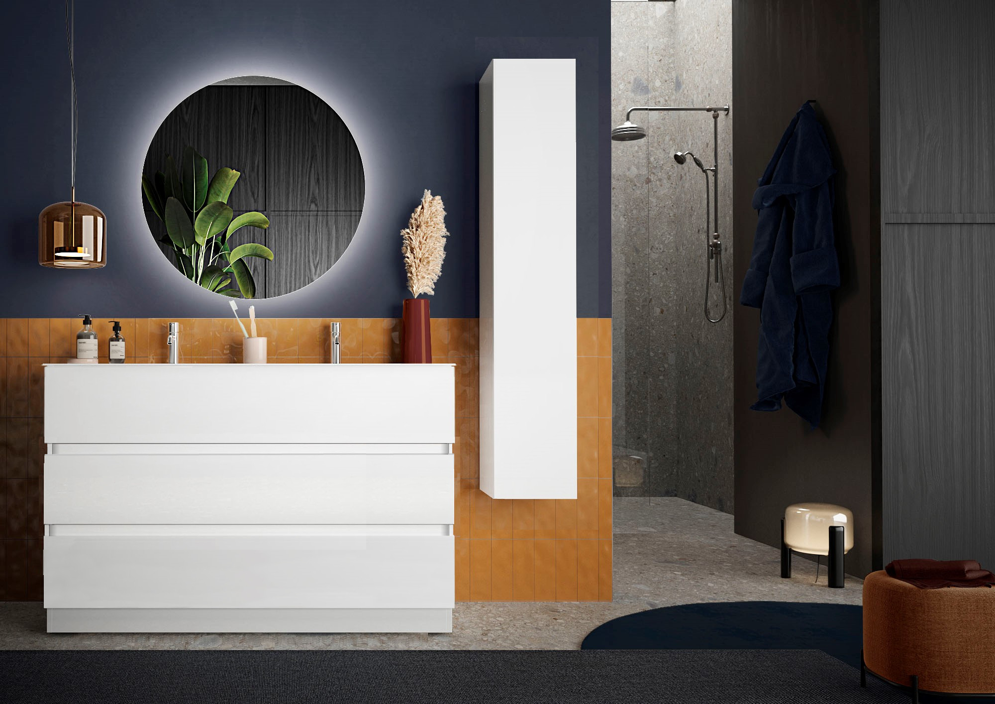 Ensemble salle de bain, meuble+colonne+double vasque START blanc brillant,  122 x 86